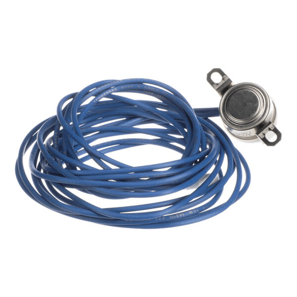 A coiled blue wire attached to a small round metal component with two mounting holes.