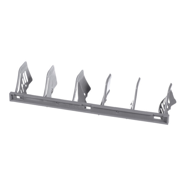A gray plastic component with several evenly spaced vertical fins attached to a horizontal base.
