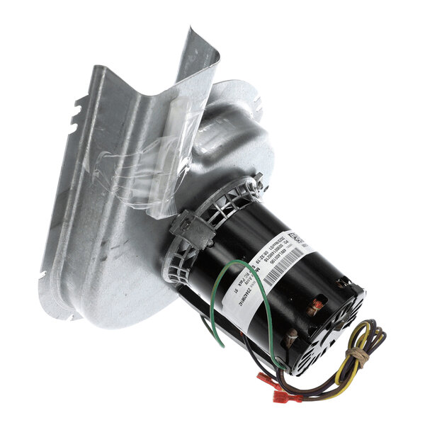 A metal and black cylindrical motor assembly with attached wires and a mounting bracket.