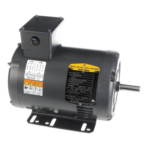 A black electric motor with a mounting base, labeled information plates, and a protruding shaft.