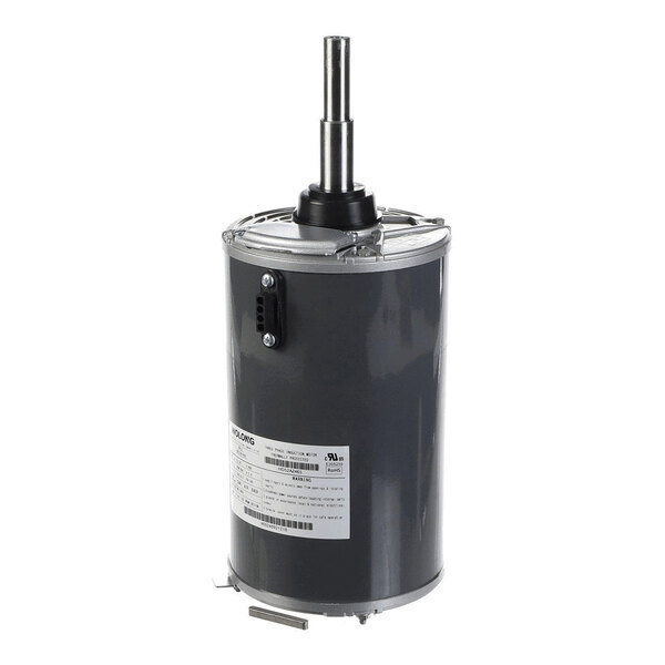 A cylindrical electric motor with a metallic shaft protruding from the top and a label with specifications on the side.