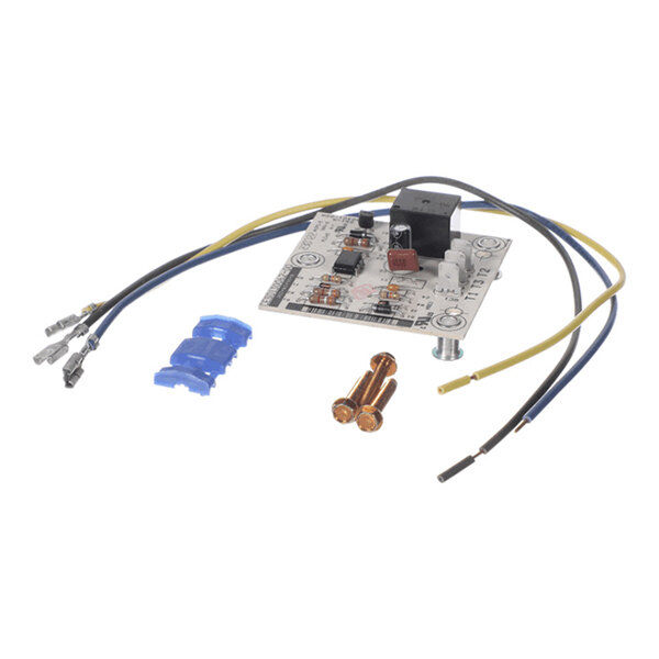 An electronic circuit board with attached wires, two copper-colored screws, and a small blue plastic component, all placed on a white background.