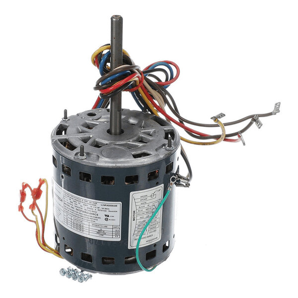 A cylindrical electric motor with a central shaft, multiple colored wires extending from the top, and a label with technical specifications on the side.