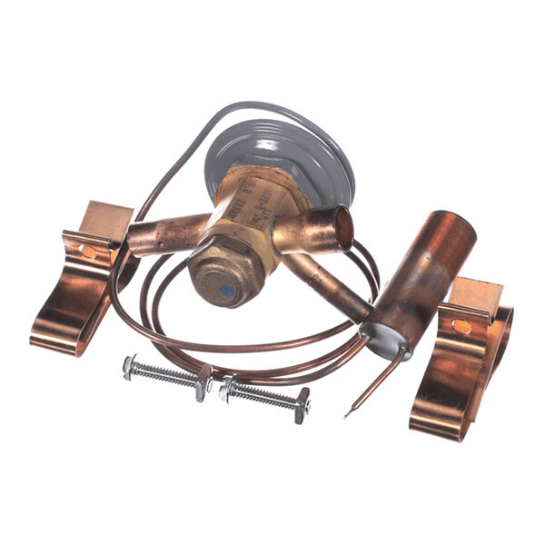A brass and copper mechanical valve assembly with attached copper tubing, two metal clips, and two screws.