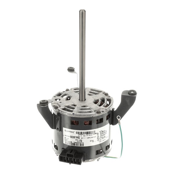 A cylindrical electric motor with a long central shaft, two mounting brackets, and a visible label with technical information.
