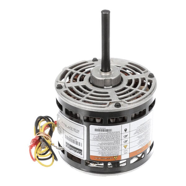 A cylindrical electric motor with a central shaft, vented housing, and several colored wires extending from the side.