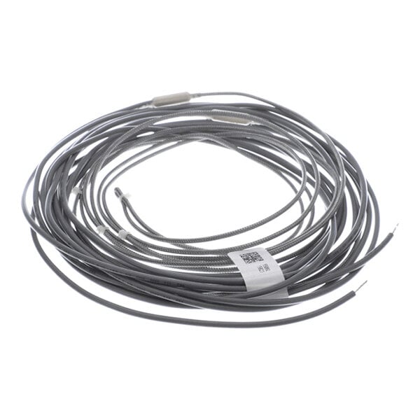 A coiled gray electrical cable with exposed wire ends and a white label attached.