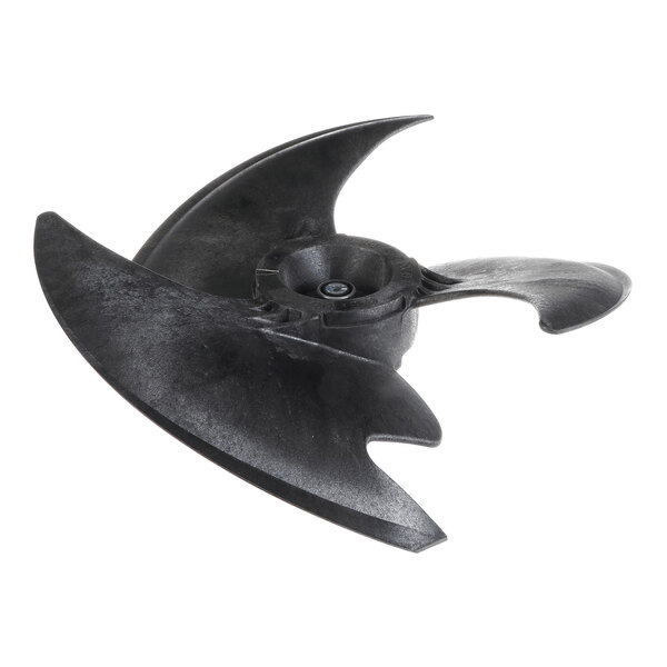A black, three-bladed fan blade with curved, aerodynamic edges and a central mounting hub.