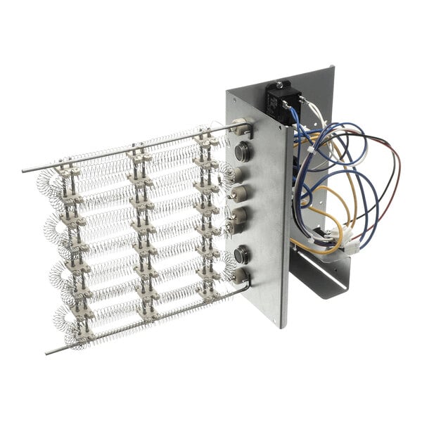 A metal assembly with multiple coiled heating elements, electrical connectors, and attached colored wires.