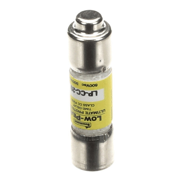 A cylindrical fuse with metal end caps and a yellow label wrapped around the center.