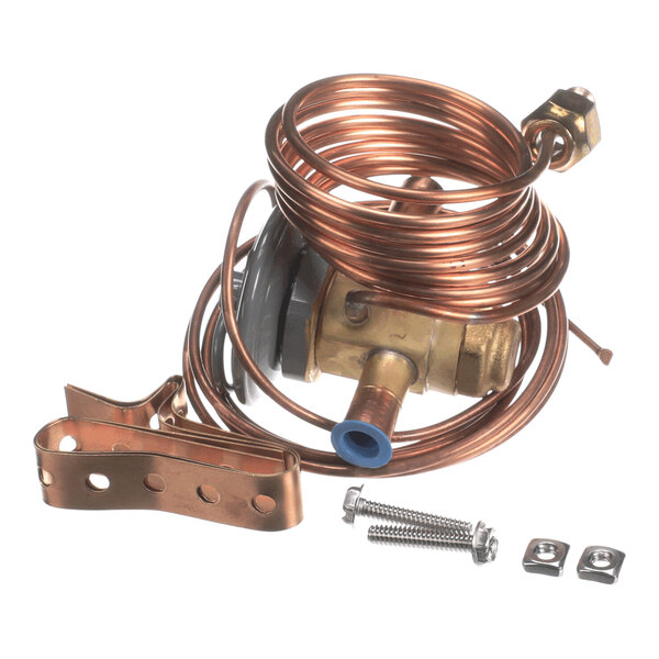 A coiled copper tube assembly with a brass valve, a mounting bracket, two screws, and two square nuts.