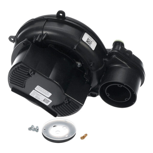 A black plastic mechanical component with a circular opening, accompanied by a metal disc and several screws.