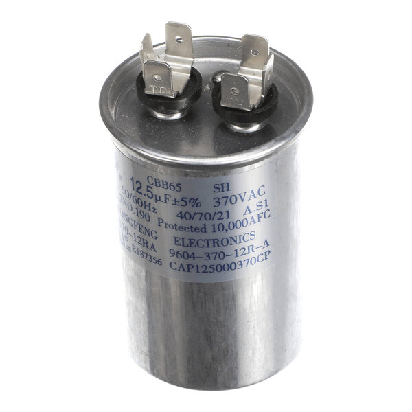 A cylindrical metallic capacitor with two terminal connectors on top and blue printed specifications on the side.