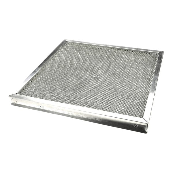 A square metallic mesh filter with a sturdy aluminum frame, shown from an angled perspective.