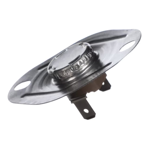 A metallic component with a round central body, two mounting holes on a flat base, and two electrical terminals extending from the bottom.