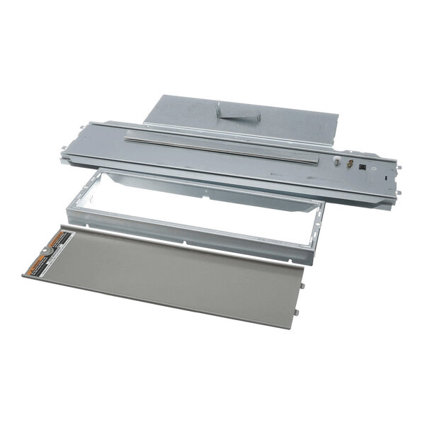 A set of metal and filter components, including a rectangular frame, a flat panel, and a cover, arranged on a white background.
