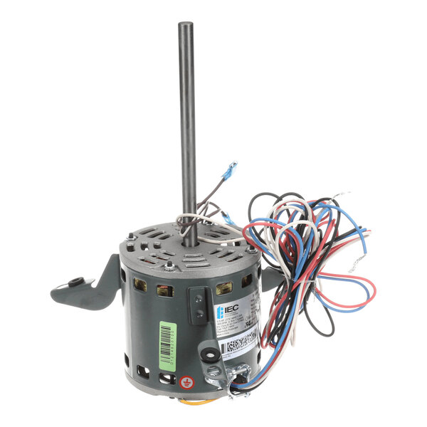 A cylindrical electric motor with a long central shaft, attached mounting bracket, and a bundle of multicolored wires.
