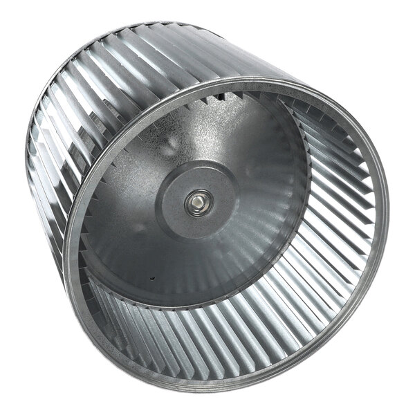 A metal cylindrical blower wheel with multiple evenly spaced blades and a central hub.