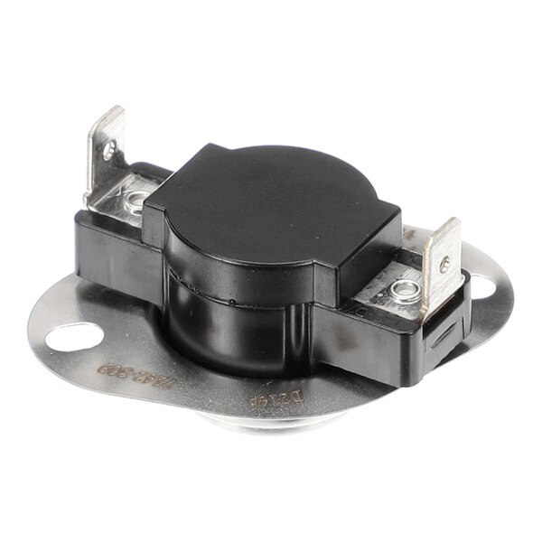 A black and silver electronic component with two metal terminals and a mounting plate, likely a limit switch or thermostat.