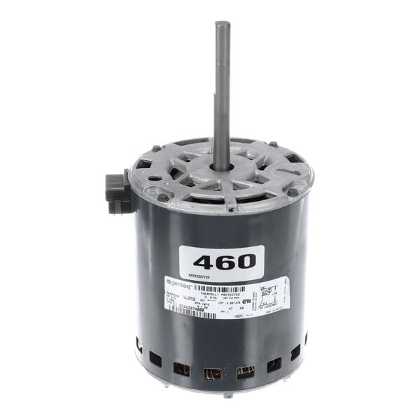 A cylindrical electric motor with a central shaft, labeled with '460' and additional specification stickers on its side.