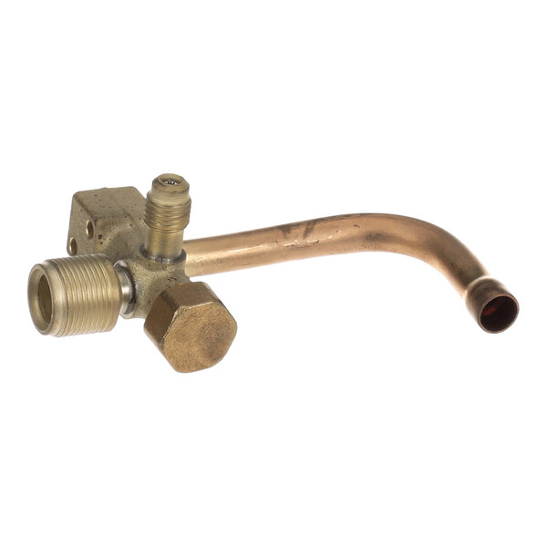 A metal valve assembly with a curved copper tube and threaded connectors.