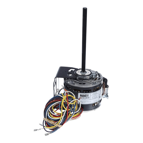 A cylindrical electric motor with a long central shaft, attached mounting bracket, and a bundle of multicolored wires extending from its base.