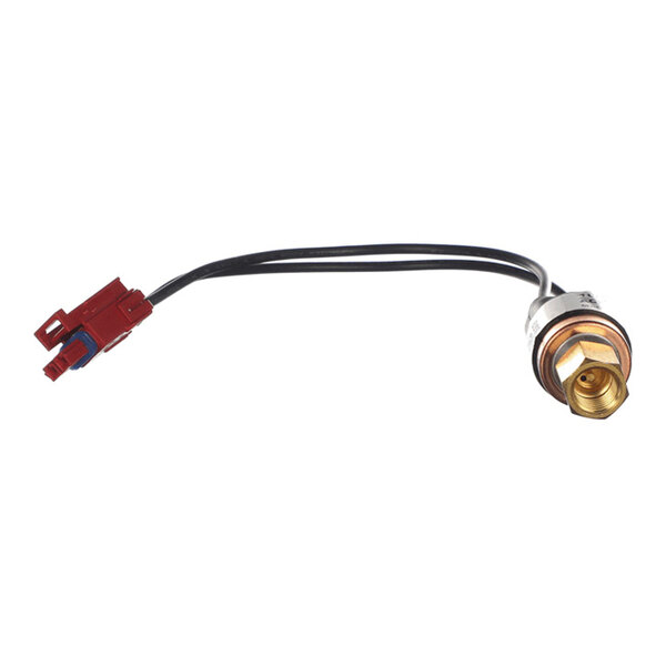 A small electronic component with a brass fitting on one end, two black wires, and a red plastic connector on the other end.