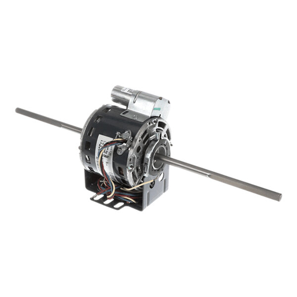 A cylindrical electric motor with a central mounting bracket, exposed wiring, and a long shaft extending from both sides.