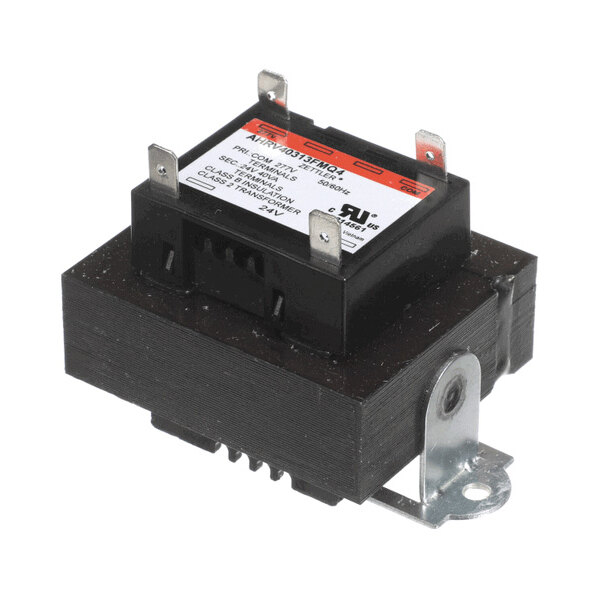 A rectangular electrical transformer with metal mounting bracket and multiple terminal connectors on top.