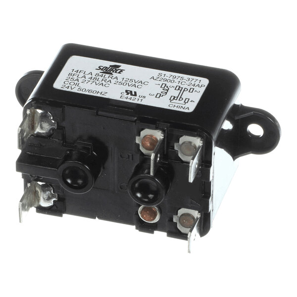 A small black electrical relay with metal mounting tabs and several terminal connectors, featuring a white label with technical specifications.
