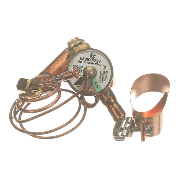 A metallic valve assembly with coiled copper tubing and a clamp, featuring a labeled circular component.