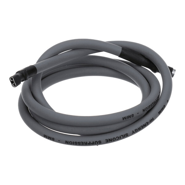A coiled gray cable with black connectors on both ends, featuring printed text along its length.
