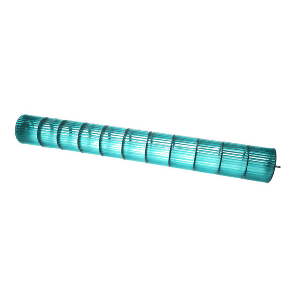 A cylindrical, teal-colored cross flow fan with evenly spaced blades and metal supports.
