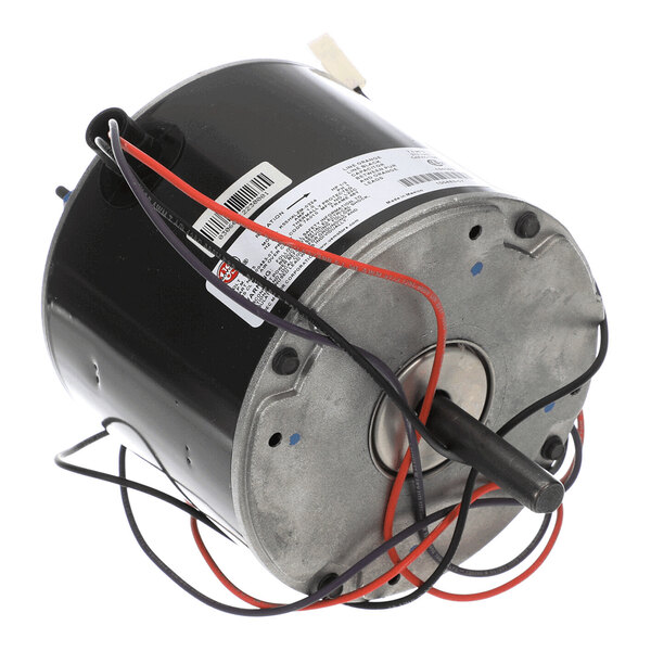 A cylindrical electric motor with a black housing, metal end plate, protruding shaft, and several attached colored wires.