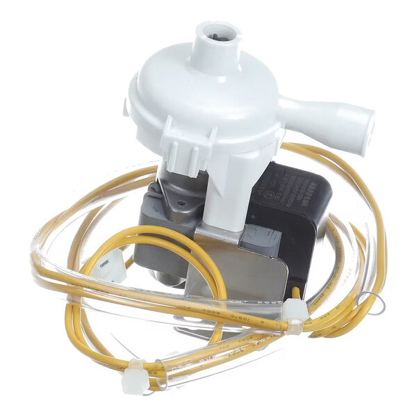 A compact mechanical device with a white plastic housing, attached electrical wires, and a metal base, likely used for fluid transfer or drainage.