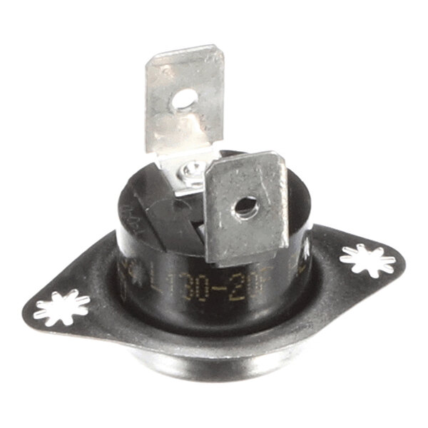 A small round black and metal component with two flat metal terminals and a mounting flange with two holes.