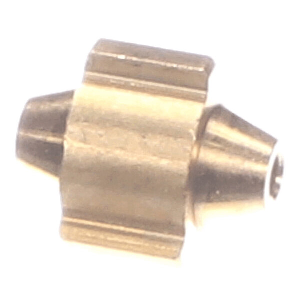 A small, metallic, cylindrical component with a hexagonal center and conical ends, likely made of brass.