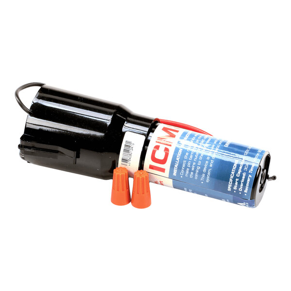 A cylindrical electronic component with a blue and black casing, two orange wire connectors, and visible wiring.