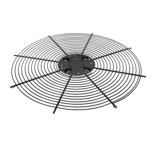A round, black metal wire grille with concentric circles and radial supports, viewed from above.