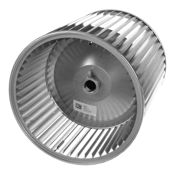 A cylindrical metal blower wheel with evenly spaced blades and a central mounting hole.
