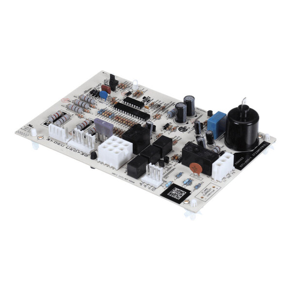 A rectangular electronic circuit board with various components such as capacitors, resistors, connectors, and integrated circuits mounted on its surface.