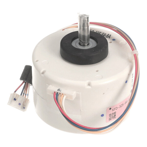 A cylindrical electric motor with a central metal shaft, multiple colored wires, and a plastic connector.