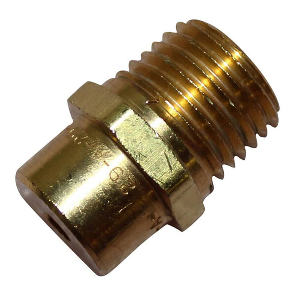 A close-up view of a brass-colored metal fitting with external threads on one end and a smooth cylindrical section on the other.