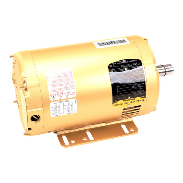 A gold-colored cylindrical electric motor with a mounting base, visible shaft, and several information labels attached to its body.