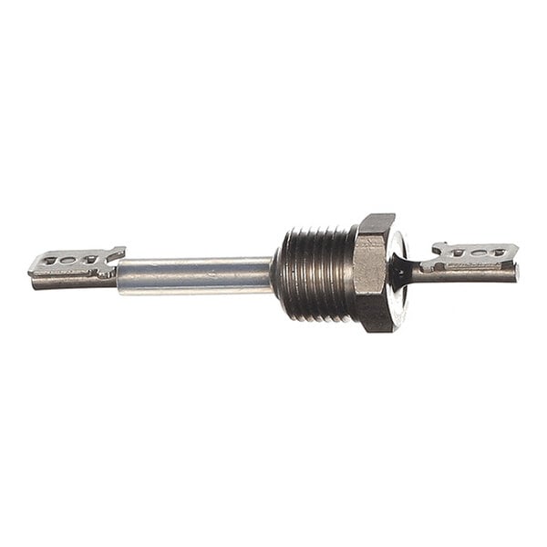 A metallic terminal assembly with a threaded hexagonal section in the center and flat metal connectors on both ends.