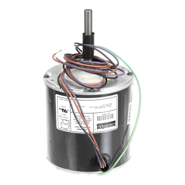 A cylindrical electric motor with a protruding shaft and several colored wires extending from the top.