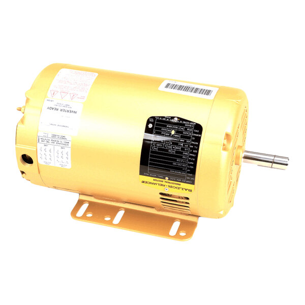 A yellow cylindrical electric motor with a mounting base, visible shaft, and several information labels attached to its body.