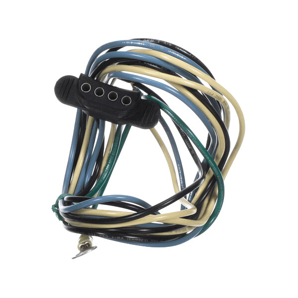 A coiled bundle of multicolored electrical wires with a black plastic connector and a metal terminal at one end.