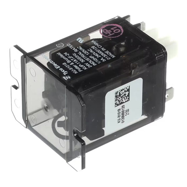 A rectangular black and transparent relay component with metal mounting brackets and white electrical connectors.