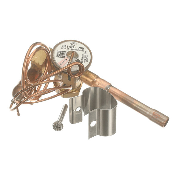 A metal valve assembly with copper tubing, a mounting bracket, and a screw, likely part of a refrigeration or HVAC system.